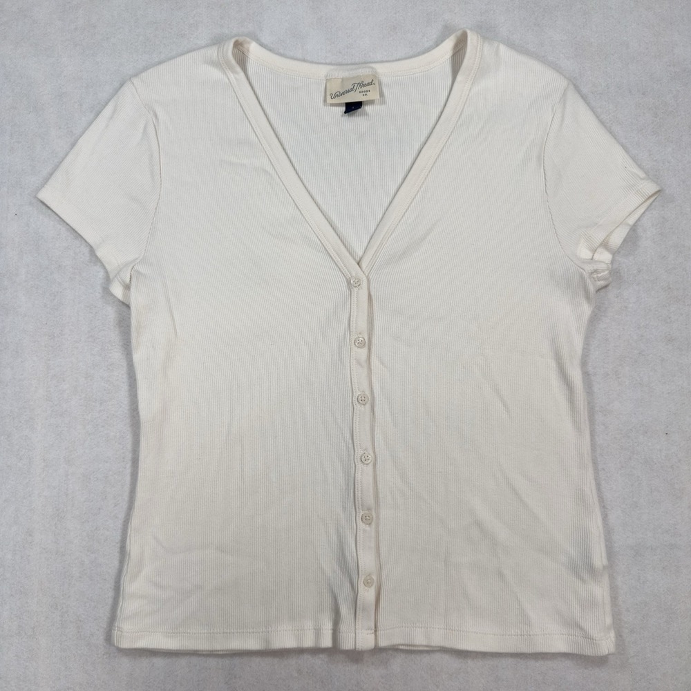 Universal Thread Shirt Womens Large White Short Sleeve Button Front V-Neck Top